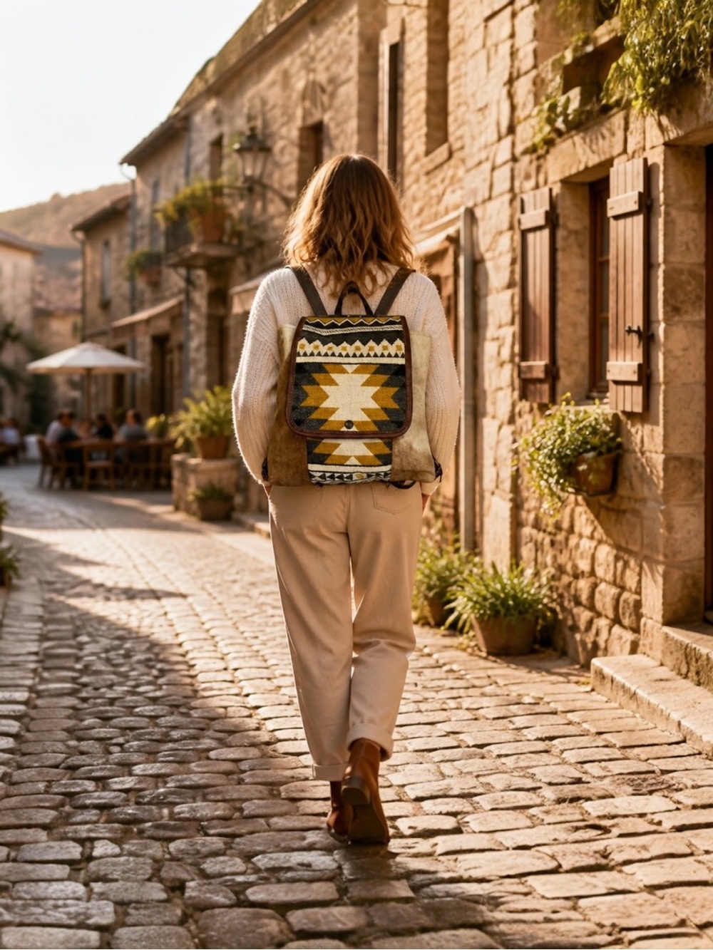 Myra Cowhide Leather Backpack Western Canvas Rug Boho Tribal School Travel Bag - Picture 2 of 12
